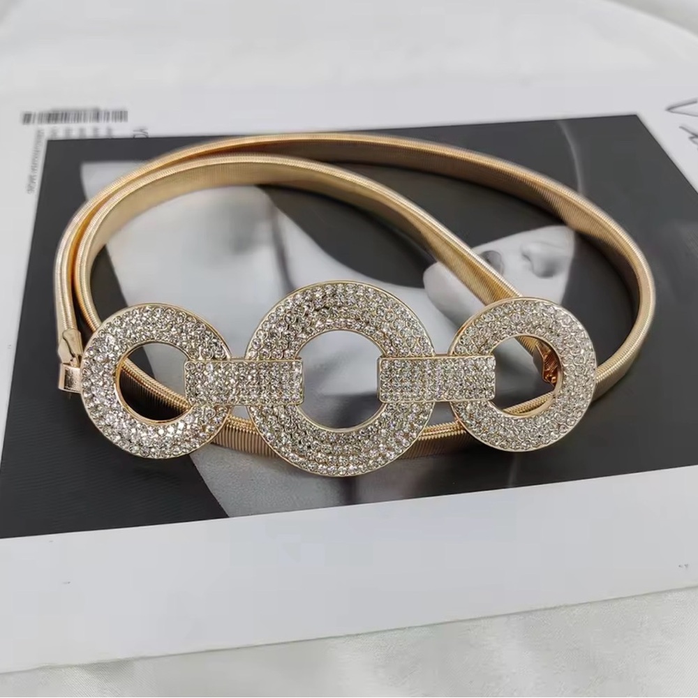 Elegant Gold Circle Rhinestones Elastic Link Belt